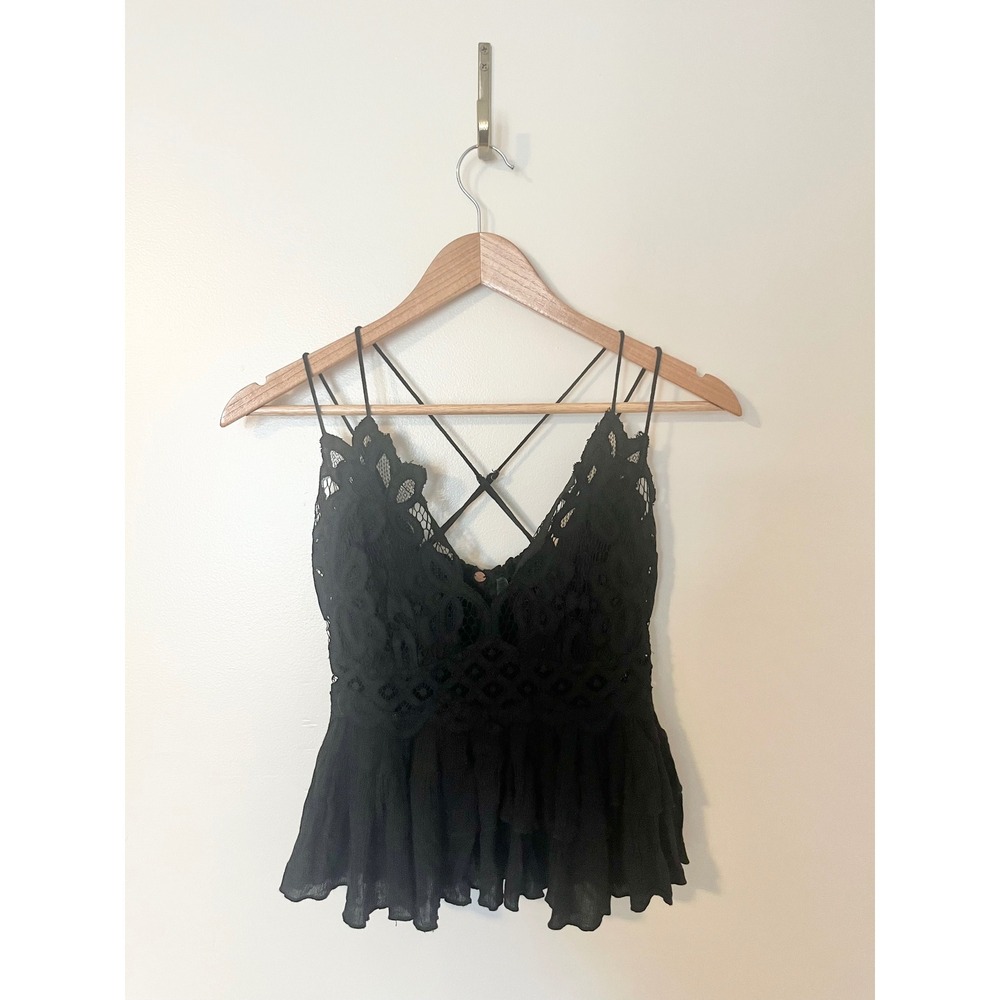 Free People FP One Black Lace Peplum Smocked Cami Strappy Boho Top | Medium
